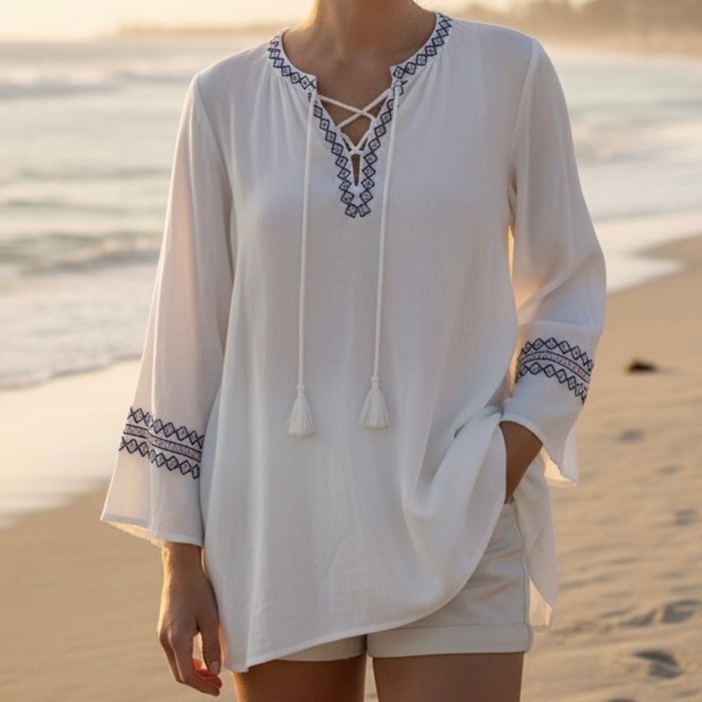 Embroidered Lace Up Tassel Bell Sleeve Blouse White Sz 1X Summer Beachy Resort